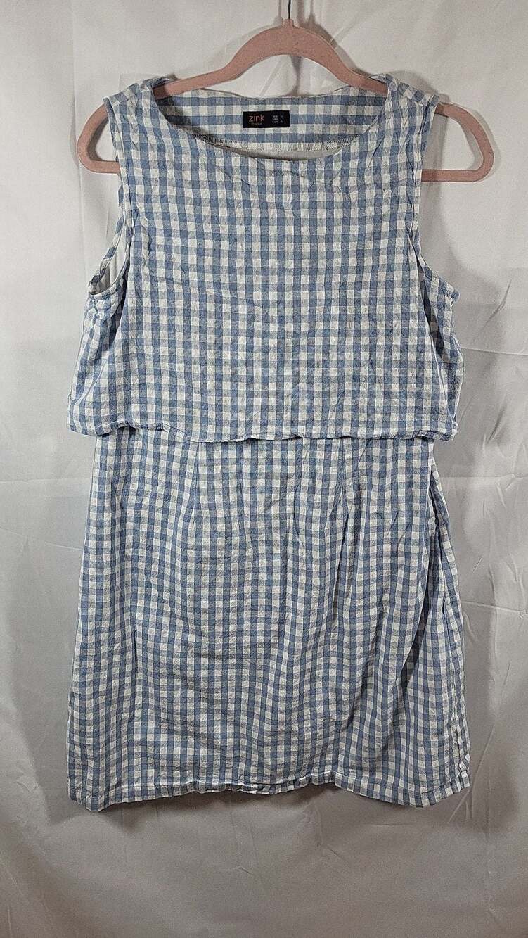Zink London Light Blue Gingham Crew Neck Overlay Mini Dress Size L